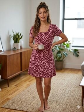 SMW Pink Floral Short-Sleeve Mini Dress Romantic Cottagecore Modest Summer M